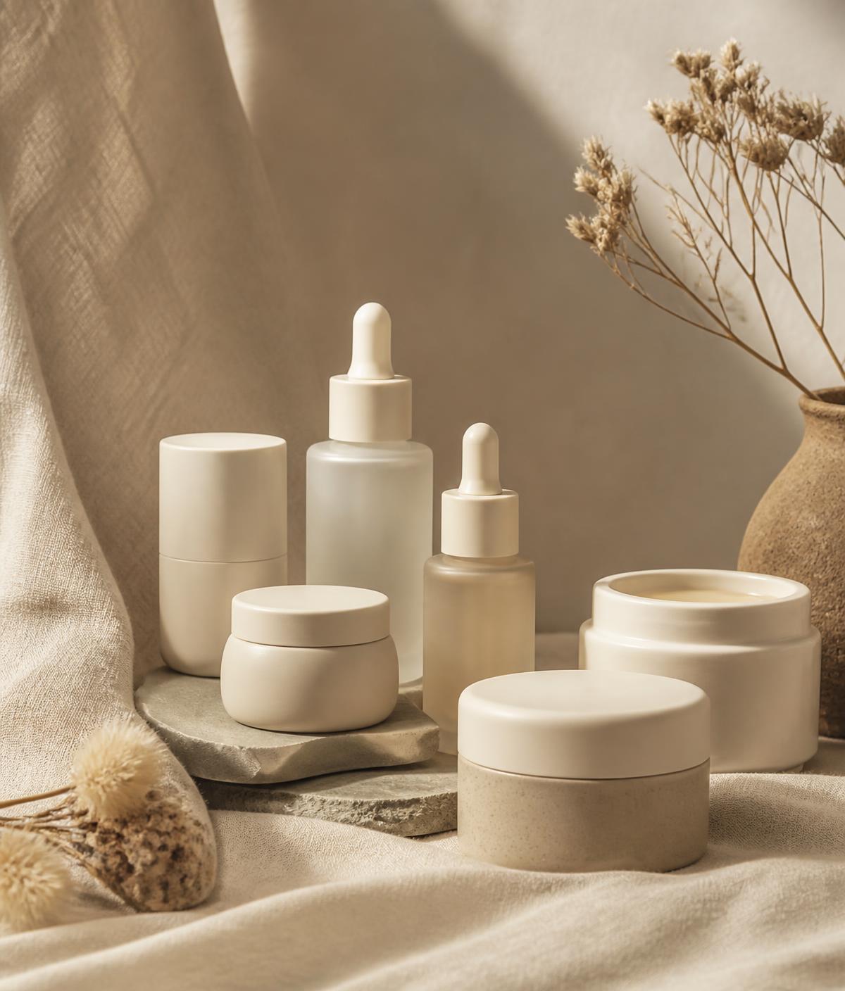 TYALI skincare jars and bottles arranged on warm beige linen